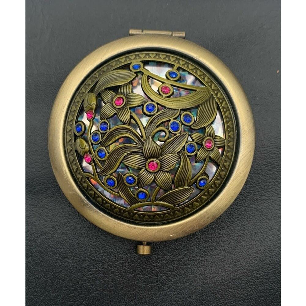 Dual Mirror Compact Floral Jeweled Brass Tone Iridescent Background Boho NWOT